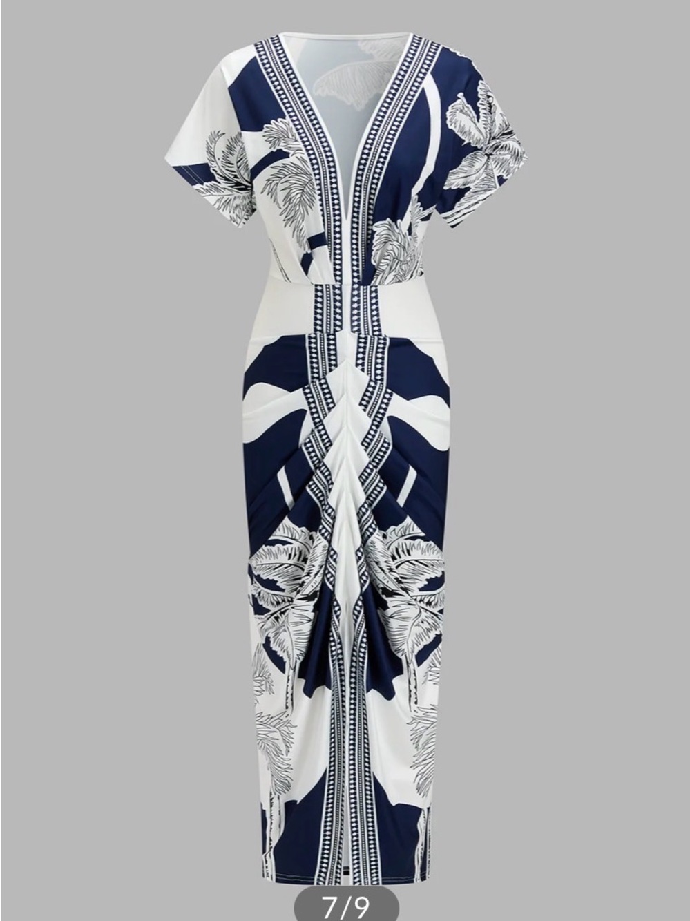 COMMENSE Printed Deep V-Neck Navy & White Midi Dress - Picture 4 of 7